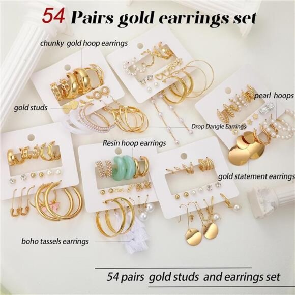 42 Pairs Gold Hoop Earrings Set for Women, Fashion Chunky Pearl Earrings - Picture 4 of 6